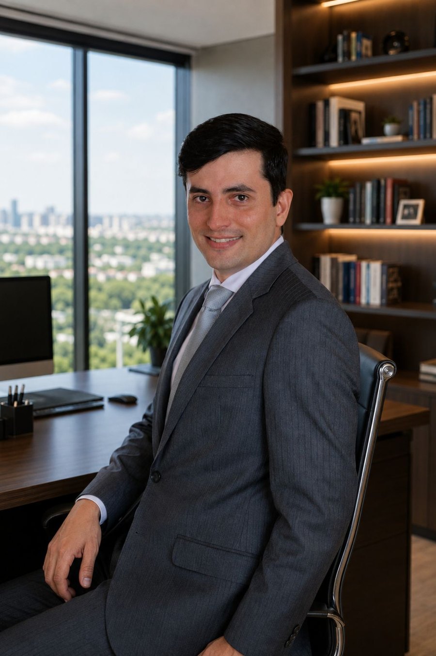Fadrick F. Leveghin sentado à mesa de seu escritório