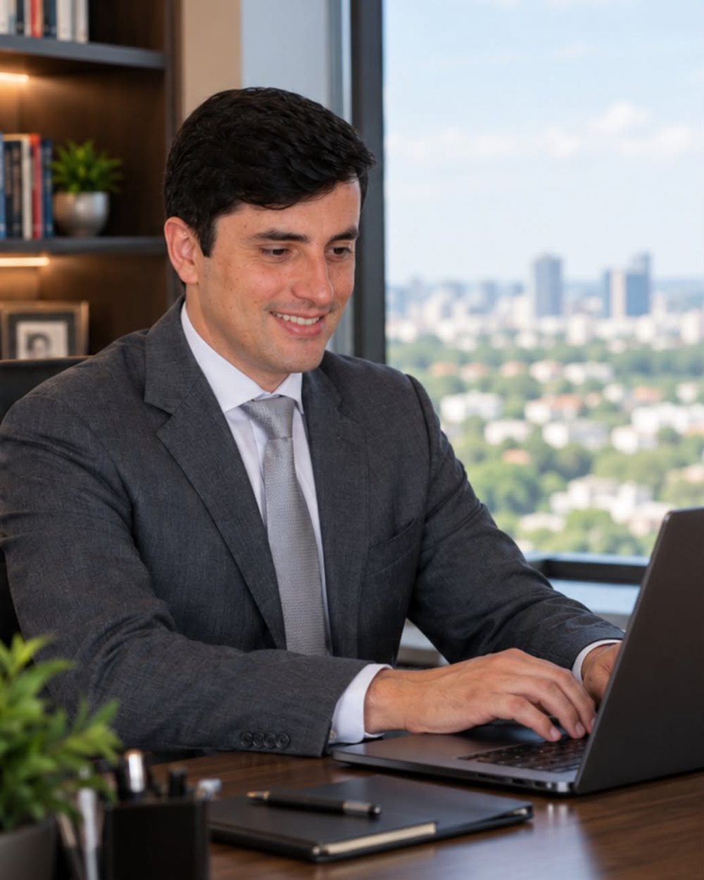 Fadrick F. Leveghin trabalhando no computador em seu escritório